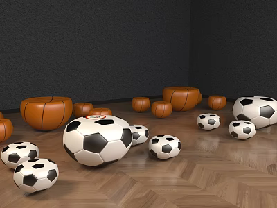 Assorted Soccer And Basketball Balls On Wooden Floor With Dark Walls 3d model