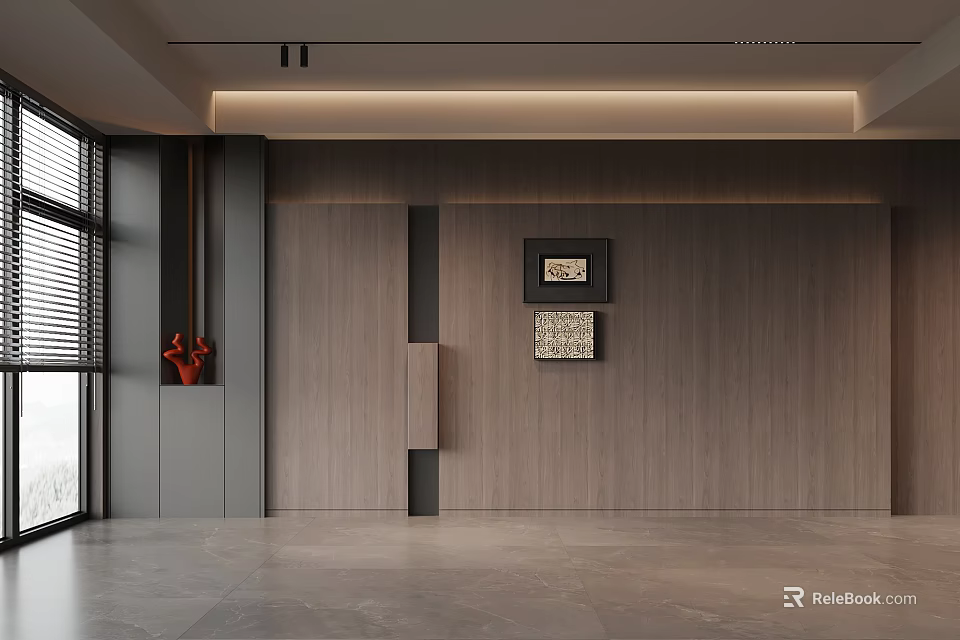 Modern Wooden Texture Background Wall In Open Interior With Framed Artwork And Red Vase 3d model