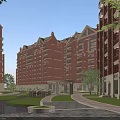 Red Brick Residential Building Architectural Design With Green Landscaping Water Pond And Pedestrian Path
