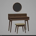 Wooden Dressing Table With Round Mirror Drawers Open Compartments And Matching Stool 3d model