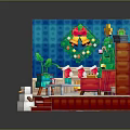 Christmas Themed Indoor Room With Blue Walls Christmas Tree Red Sofa Bookshelf And Snowman Decoration