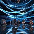 Modern Circular Space With Dark Blue Curtains Seats Ring Lights And People On Reflective Floor