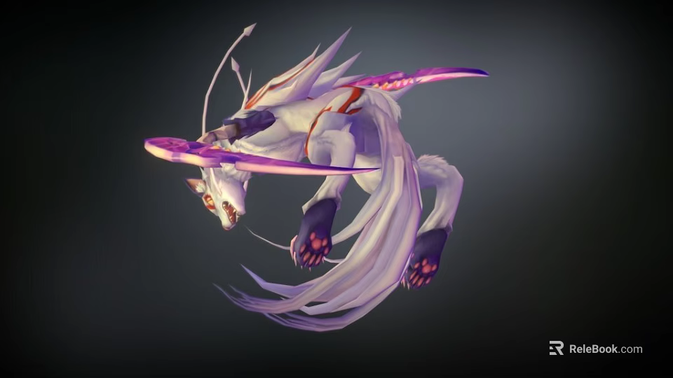 White Fox Game Movie Character With Red Accents Multiple Tails And Purple Pink Bow Flying 3d model 
