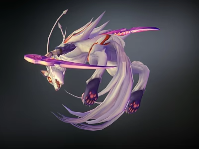 White Fox Game Movie Character With Red Accents Multiple Tails And Purple Pink Bow Flying 3d model