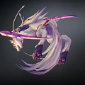 White Fox Game Movie Character With Red Accents Multiple Tails And Purple Pink Bow Flying