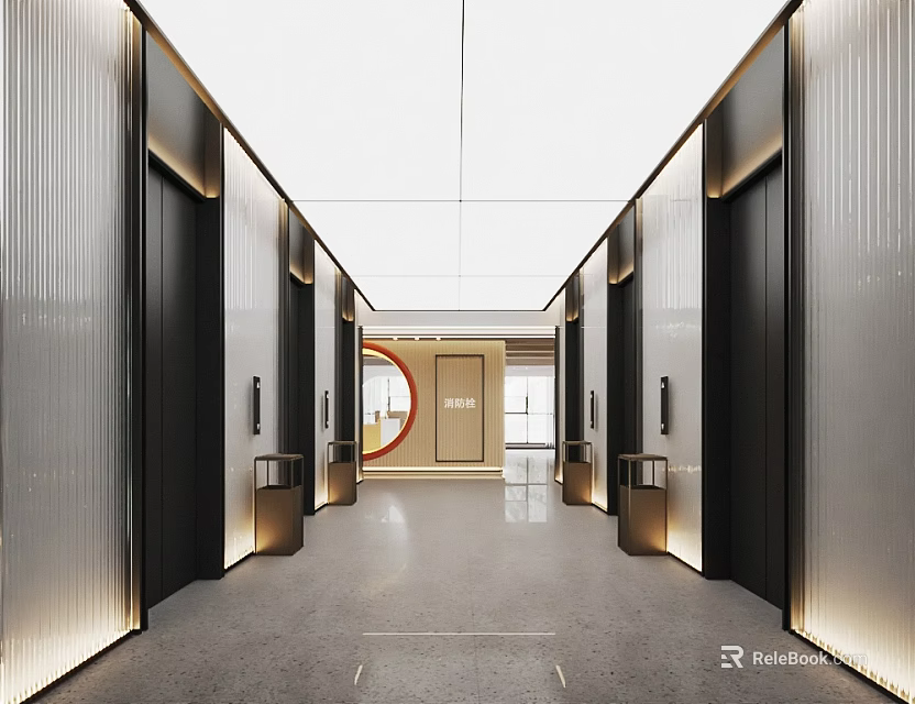 Modern Elevator Lobby Interior With Sleek Elevators And Ambient Lighting 3d model 