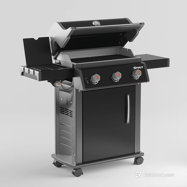 Black And Silver Outdoor Cooking Grill With Control Knobs Wheeled Base And Side Shelf 3d model 