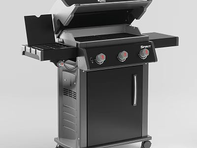 Black And Silver Outdoor Cooking Grill With Control Knobs Wheeled Base And Side Shelf 3d model