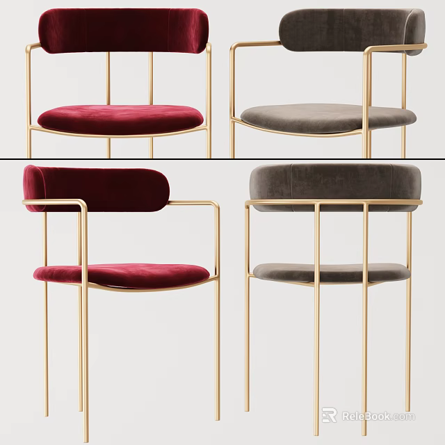 Modern Bar Stools With Red And Gray Velvet Seats And Gold Metal Frames 3d model 