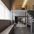 Modern Interior Open Space Featuring Staircase Black Railings Long Bench and Large Windows 3d model