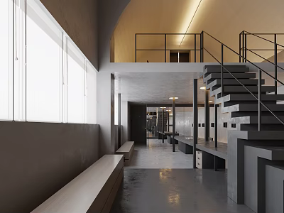 Modern Interior Open Space Featuring Staircase Black Railings Long Bench and Large Windows 3d model