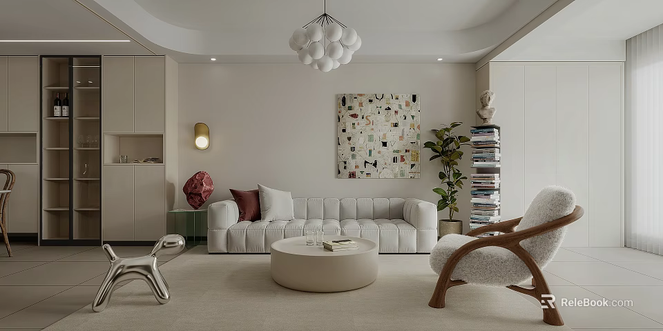Modern Living Room Interior With White Sofa Round Coffee Table Chandelier And Decorative Painting 3d model 