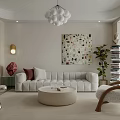Modern Living Room Interior With White Sofa Round Coffee Table Chandelier And Decorative Painting