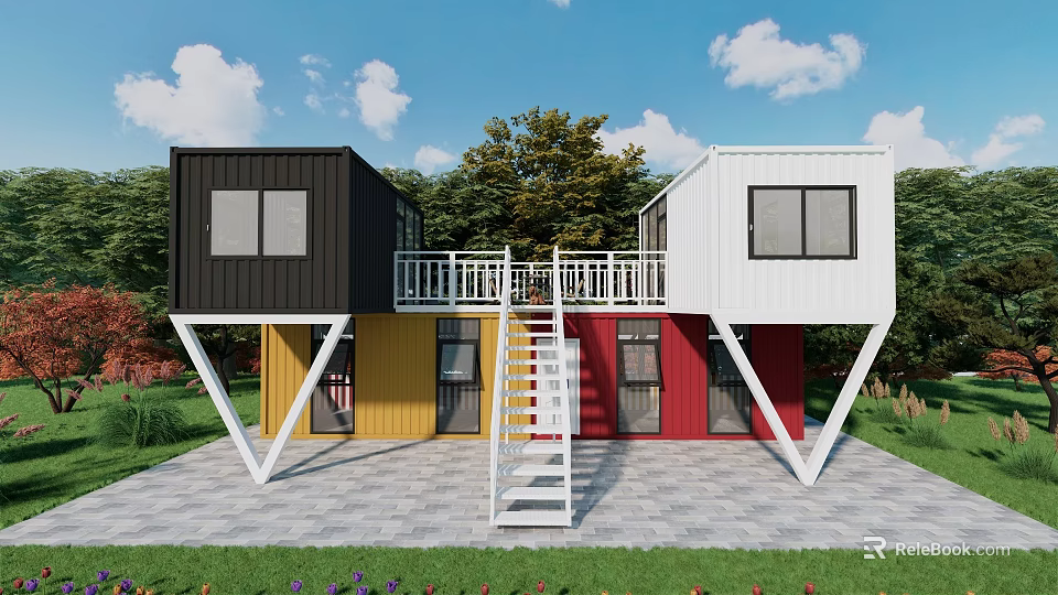 Multi Colored Container Building Design With Balcony Staircase And Green Lawn 3d model 