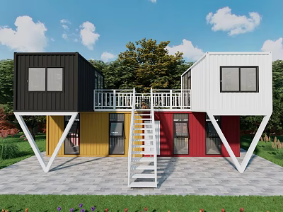 Multi Colored Container Building Design With Balcony Staircase And Green Lawn 3d model