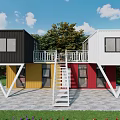 Multi Colored Container Building Design With Balcony Staircase And Green Lawn 3d model