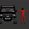Black Off Road Vehicle With Roof Rack And Large Tires Beside Red Suit Figure