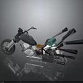 Shiny Black Custom Motorcycle With Multiple Exhaust Pipes Orange Seat And Handlebars