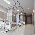 Bright Hospital Clinic Patient Rooms With Medical Beds Ceiling Lights And Large Windows
