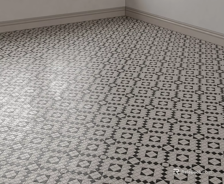 Classic Black And White Geometric Pattern Floor Tiles For Interior Corner View 3d model