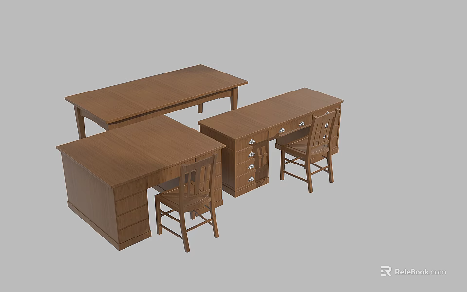 Wooden Table And Chair Set With Multiple Desks Drawers And Matching Seats 3d model 