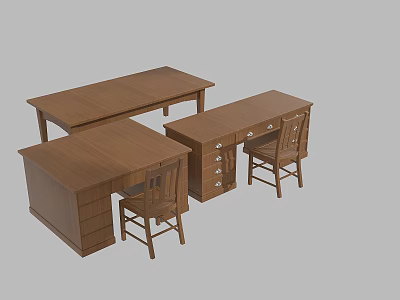 Wooden Table And Chair Set With Multiple Desks Drawers And Matching Seats 3d model