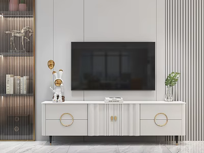Modern White TV Stand With Golden Accents Decorative Items Green Plant And Bookshelf 3d model