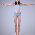 Woman in white tank top and blue denim shorts with arms outstretched against gray background 3d model