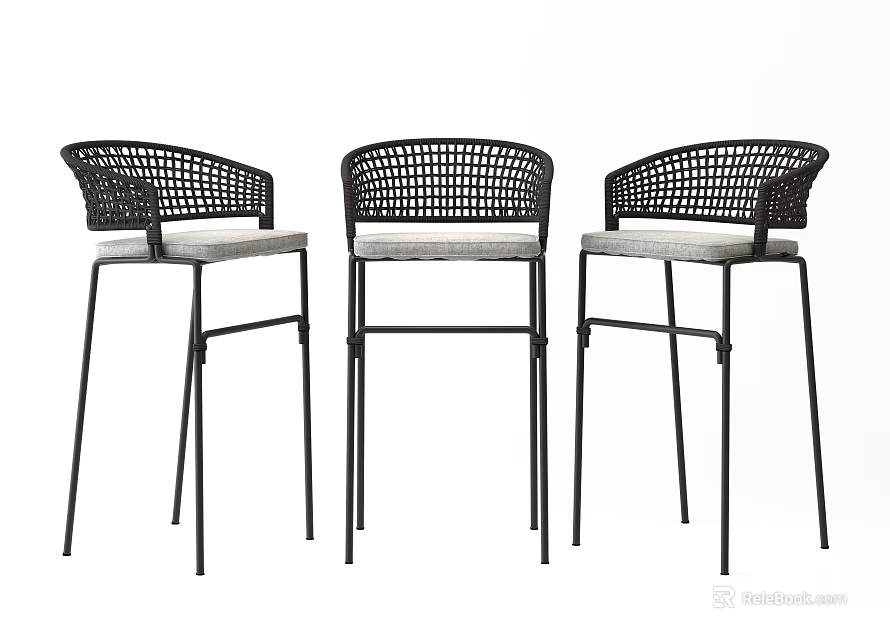 Three Modern Bar Stools With Woven Backrest And Black Metal Frame 3d model 