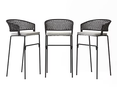 Three Modern Bar Stools With Woven Backrest And Black Metal Frame 3d model