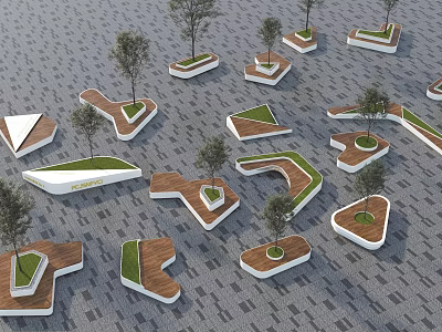 Modern Landscape Seats with Various Shapes Small Trees and Green Lawns on Paved Ground 3d model