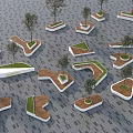 Modern Landscape Seats with Various Shapes Small Trees and Green Lawns on Paved Ground