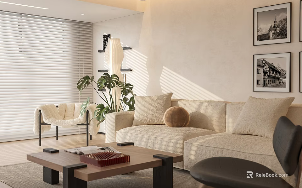 Modern Living Room Interior With Beige Sofa Coffee Table And Decorative Paintings 3d model 