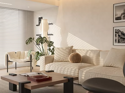 Modern Living Room Interior With Beige Sofa Coffee Table And Decorative Paintings 3d model