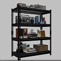 Multi Tiered Black Metal Shelf with Radio Books Speaker Globe and Storage Basket