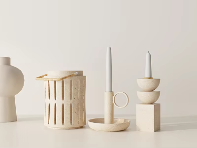 Minimalist Modern Neutral Tone Decorative Ornaments Set With Geometric Candle Holders Perforated Container And Vase 3d model