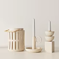 Minimalist Modern Neutral Tone Decorative Ornaments Set With Geometric Candle Holders Perforated Container And Vase