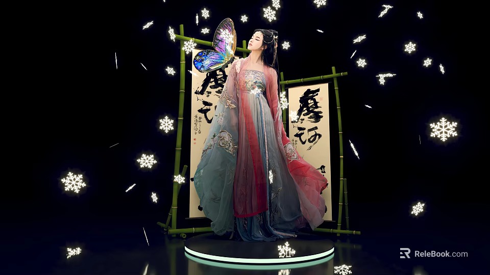 Traditional Tang Style Female Figure In Elegant Robe With Butterfly Calligraphy Scroll And Bamboo 3d model 