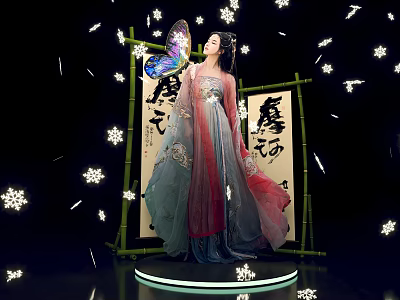 Traditional Tang Style Female Figure In Elegant Robe With Butterfly Calligraphy Scroll And Bamboo 3d model