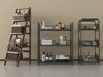 Multi Tiered Storage Shelving Units With Wooden And Metal Designs Holding Baskets Towels And Toiletries 3d model