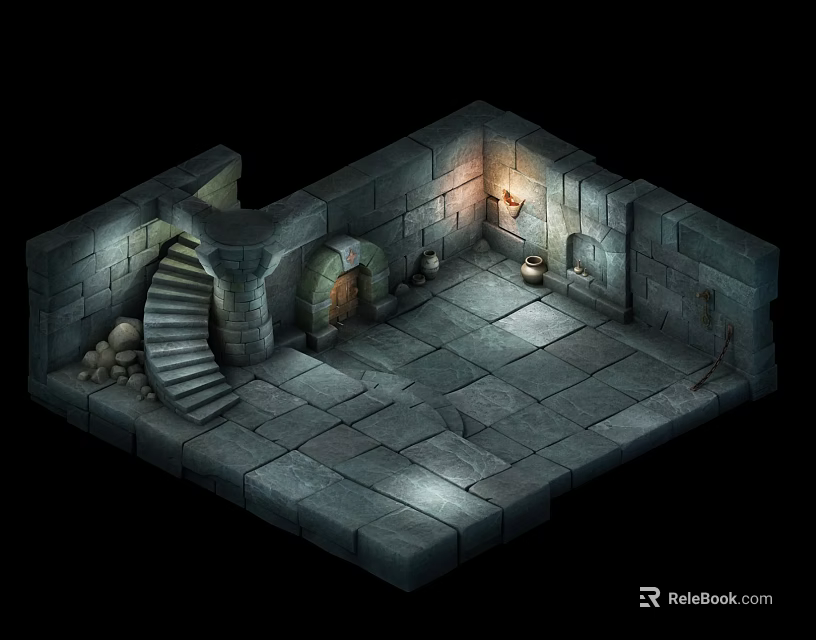 Cartoon Style Stone Dungeon Scene With Spiral Staircase Lantern And Wooden Door 3d model 