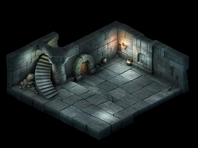 Cartoon Style Stone Dungeon Scene With Spiral Staircase Lantern And Wooden Door 3d model