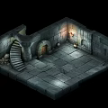 Cartoon Style Stone Dungeon Scene With Spiral Staircase Lantern And Wooden Door