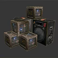Stacked Vintage Wooden Crates With Labels And Black Speaker