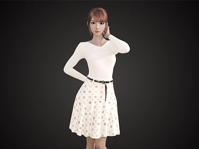Woman In White Long Sleeved Top And Polka Dot Skirt With Black Belt Posing 3d model