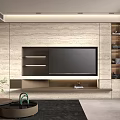Modern TV Background Wall Design With Textured Stone Panel Built-in TV And Floating Shelves