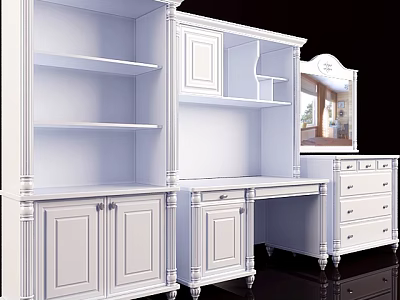 Elegant White Bookcase Interior Design With Open Shelves Cabinets And Drawers 3d model