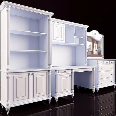 Elegant White Bookcase Interior Design With Open Shelves Cabinets And Drawers 3d model