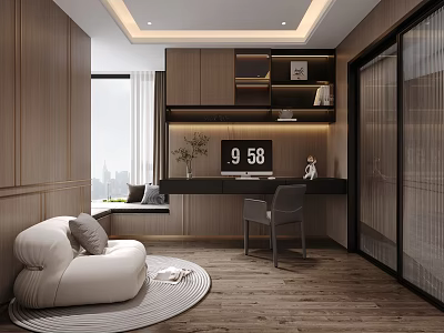 Modern Study Room Wooden Shelves Desk Cozy Sofa And City View Floor to Ceiling Window 3d model