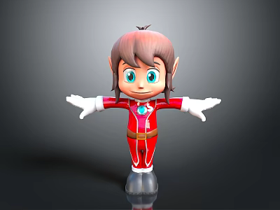 Cute 3D Cartoon Elf Character With Brown Hair Blue Eyes White Gloves And Red Jumpsuit 3d model